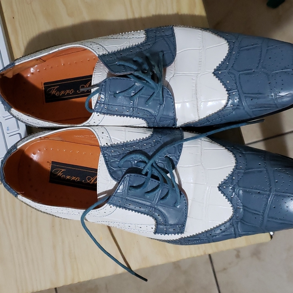 Blue and white shoes